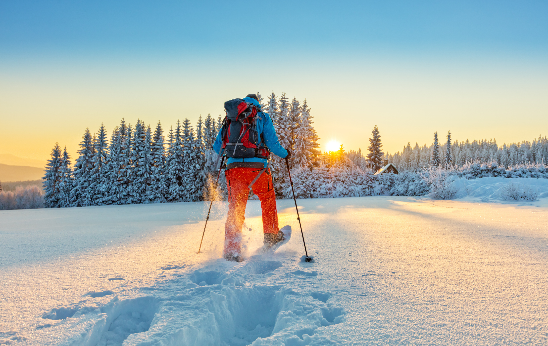 Snowshoe walker running in powder snow