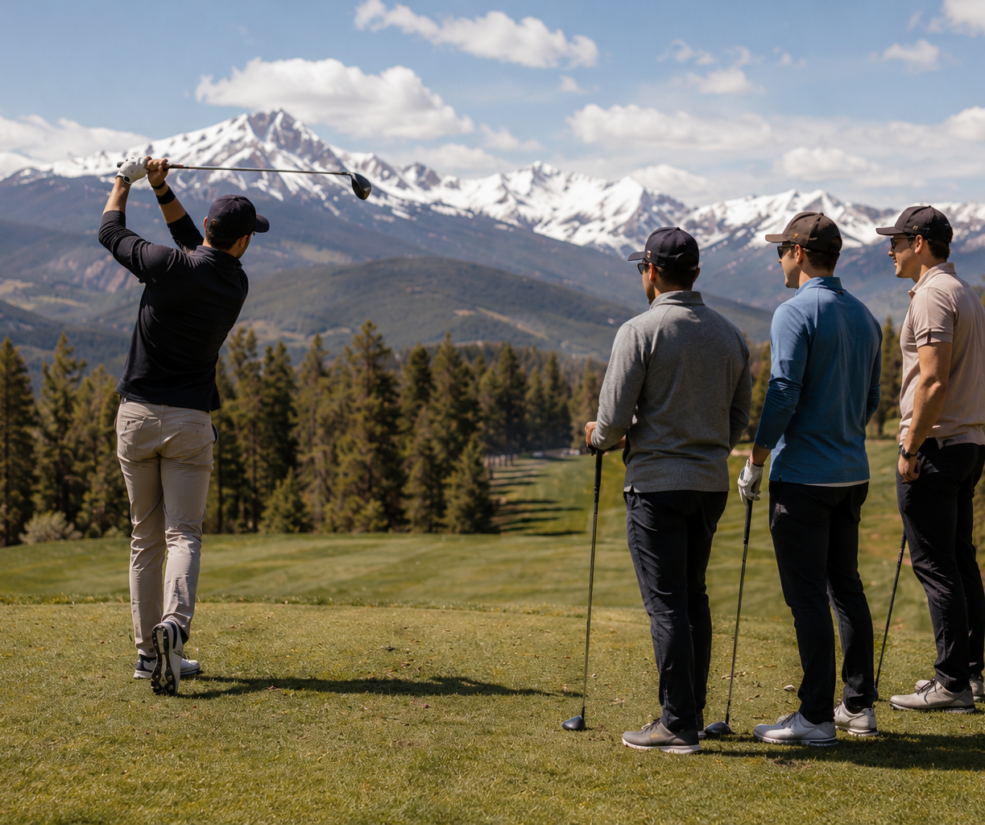 Golfer in black swings a drive on a mountain golf course while three spectators watch, snow-capped peaks in the background.