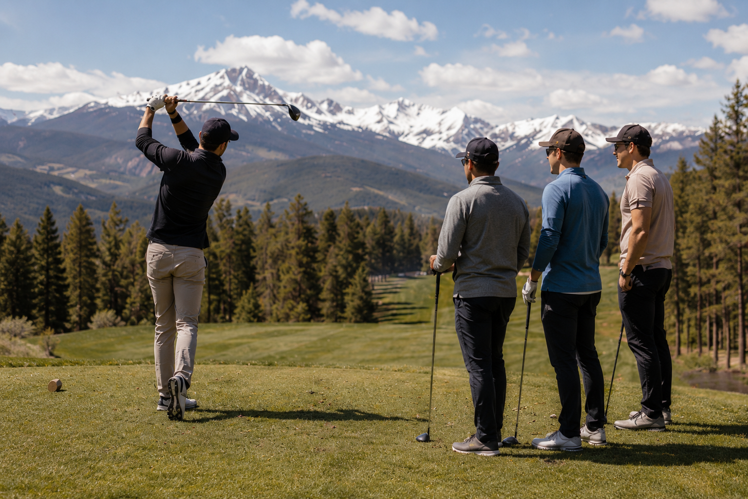 Golfer in black swings a drive on a mountain golf course while three spectators watch, snow-capped peaks in the background.
