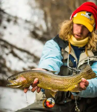 Angler in outdoor gear holding a brown trout with yellow and red-spotted body, snowy backdrop in a river setting.