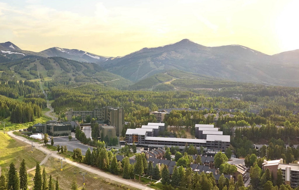 Aerial view of Hotel Alpenrock and the Breckenridge ski mountains in summer