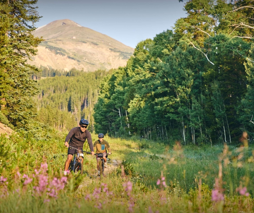 Guests mountain biking through a forest meadow near Hotel Alpenrock, surrounded by wildflowers and trees.