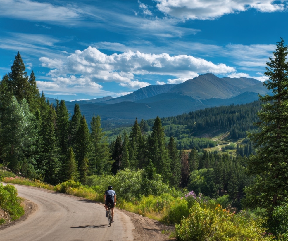 Cyclist riding a winding mountain road through a dense evergreen forest with distant blue mountains under a sunny sky