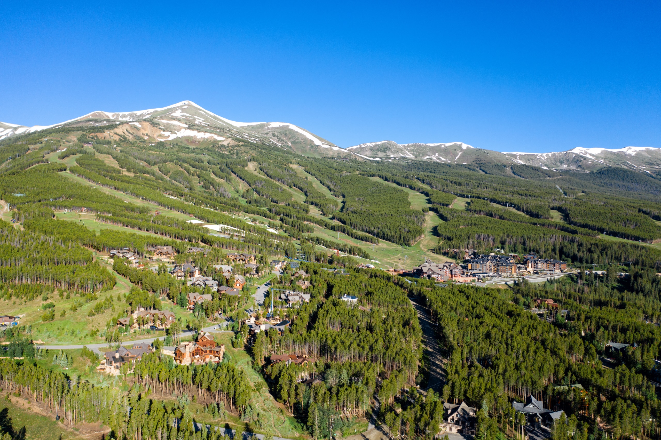 Snow-capped mountains rise behind a dense pine forest and a town at their base under a bright blue sky.