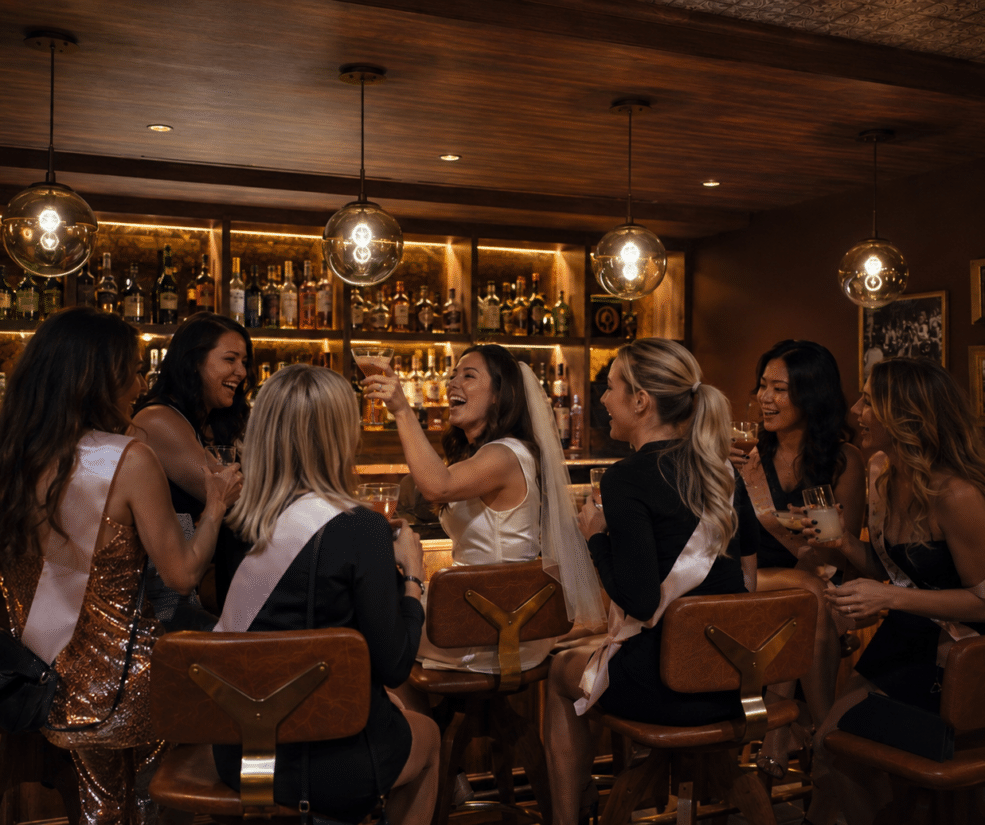 Bride in a white dress with veil toasts with friends at a warmly lit bar, all wearing sashes and party attire.