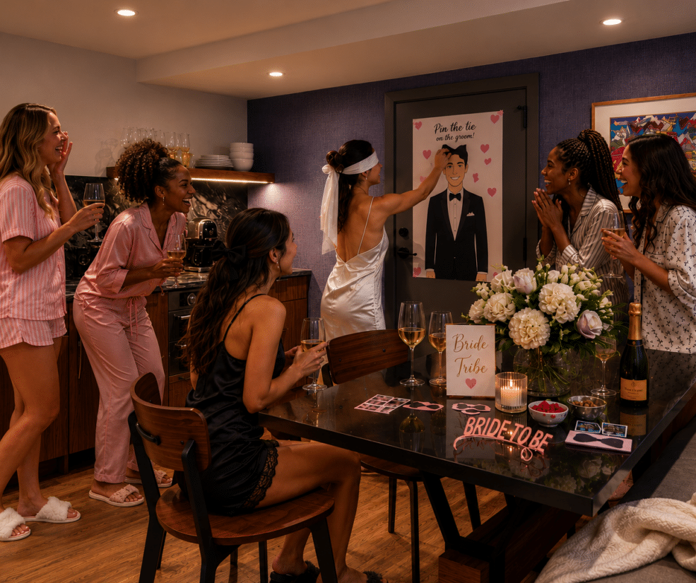 Bride-to-be in a white satin dress paints a groom poster as friends toast in a cozy kitchen-party scene with champagne and flowers nearby.