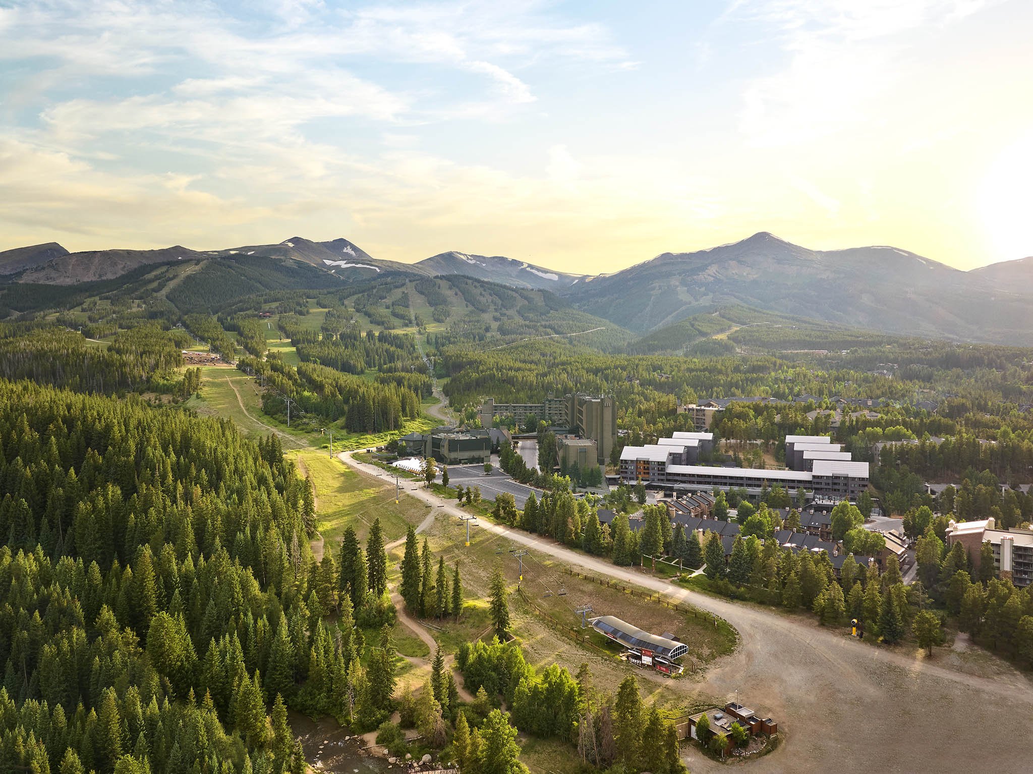 Aerial view of Hotel Alpenrock at the base of Peak 9