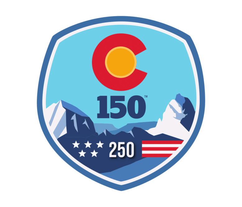 Colorado-themed badge with a red C and orange center, blue mountains, and the number 250 against a cyan backdrop, stars and stripes at the bottom