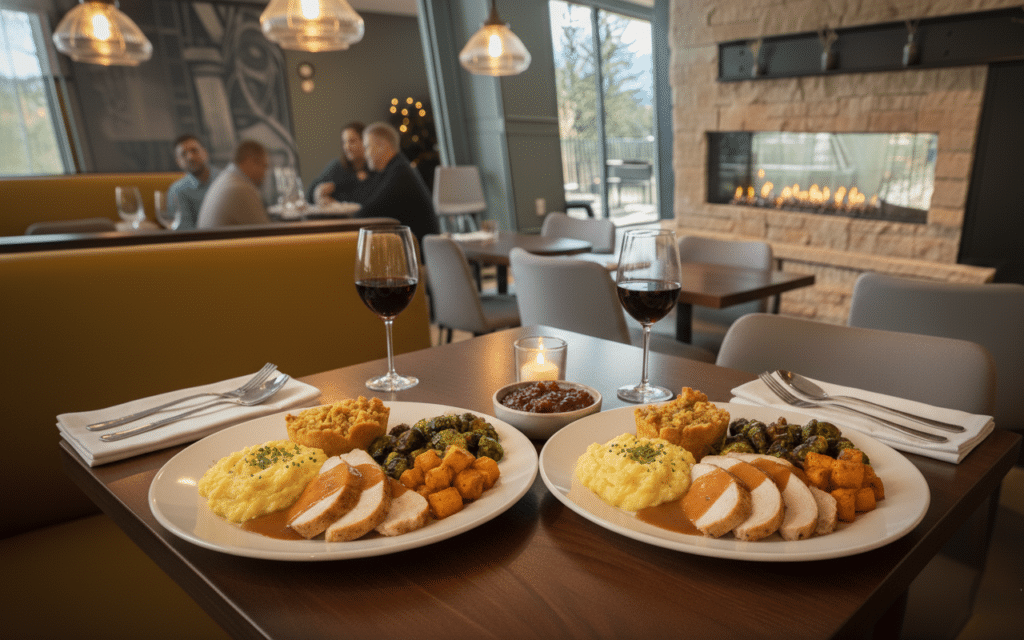 Two plates of turkey dinner with mashed potatoes, stuffing, roasted vegetables, and cranberry sauce on a dining table with wine glasses and a candle; a fireplace in the background.