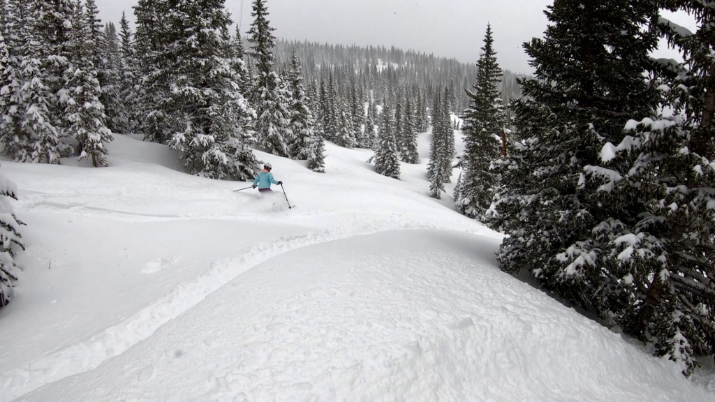 Skier wearing a turquoise jacket glides through fresh powder on a snowy mountain slope surrounded by dense snow-covered evergreen trees.